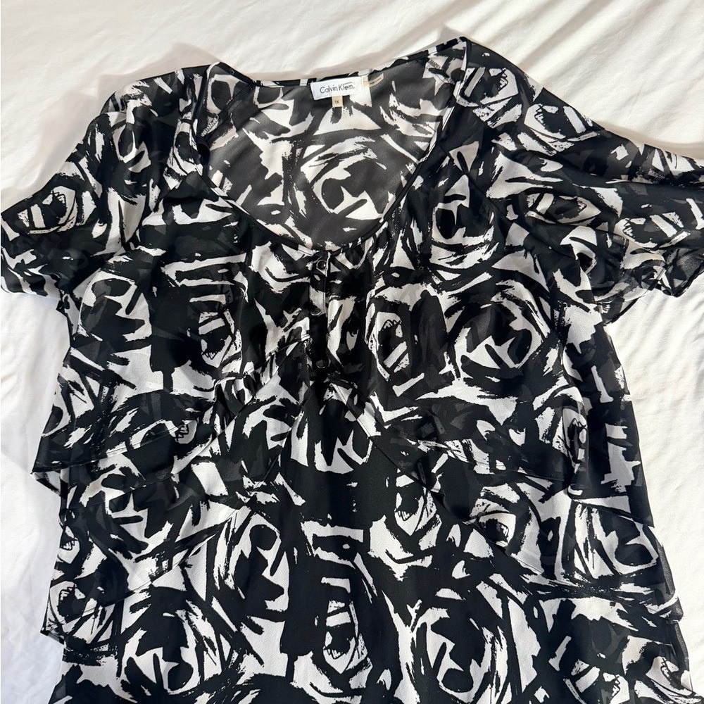 Calvin Klein Black Blouse Size 1X - Layered Chiffon Ruffle Blouse Top - Picture 4 of 12